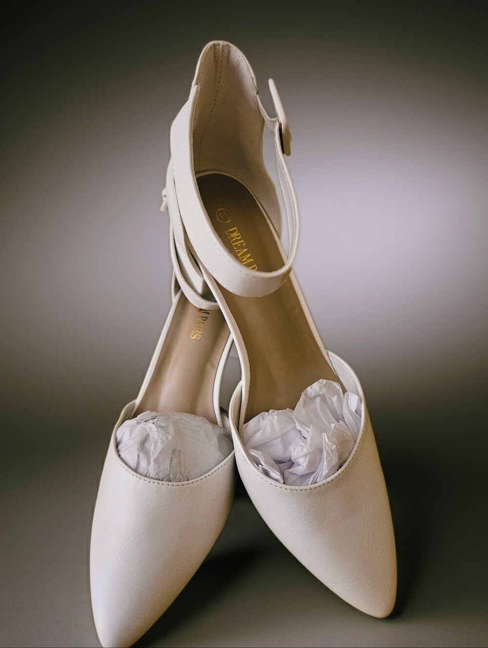 Classic White Pointed Toe, Ankle Strap Pumps, With Low Chunky Heel